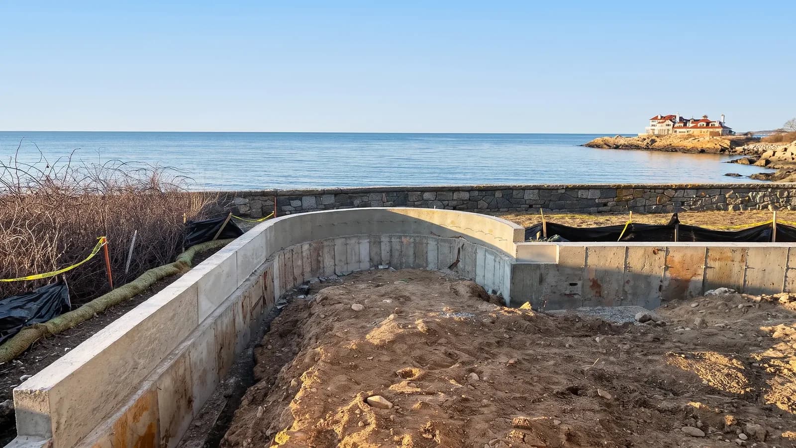 Curved concrete foundation wall being built on an oceanfront lot in Massachusetts