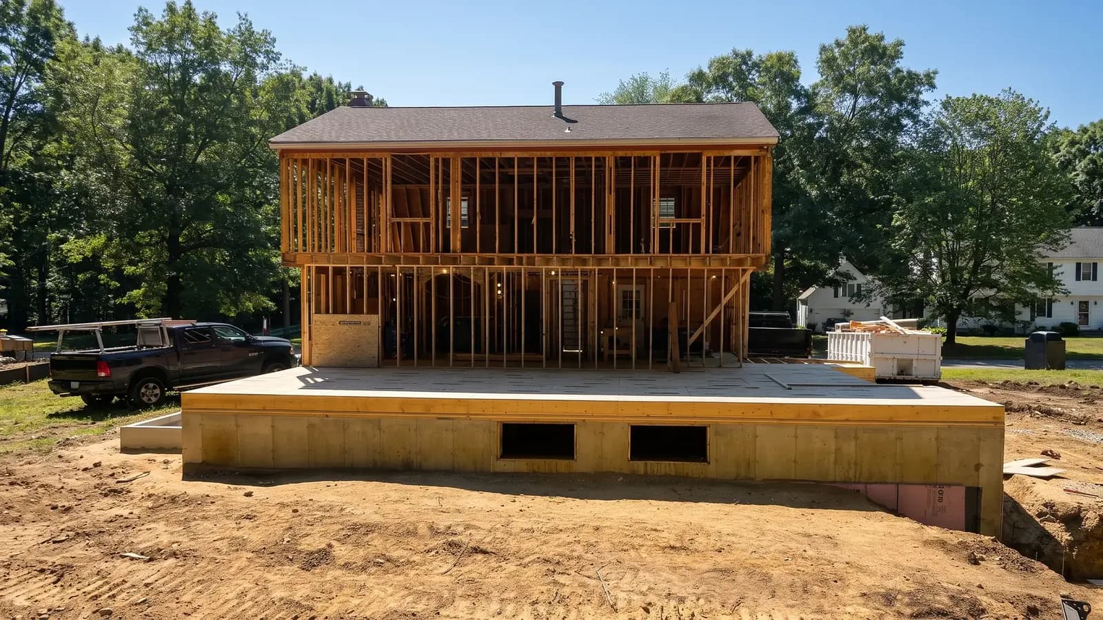 New house framing standing on a finished WR Concrete foundation